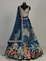 Blue silk floral lehenga choli with gota resham embellishments