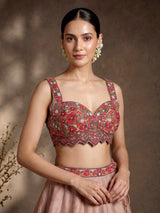 Peach silk floral lehenga choli with resham diamond embellishments