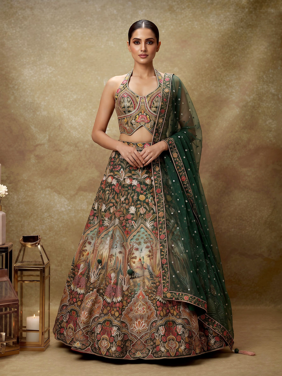 Green silk floral lehenga choli with halter neck embellishments