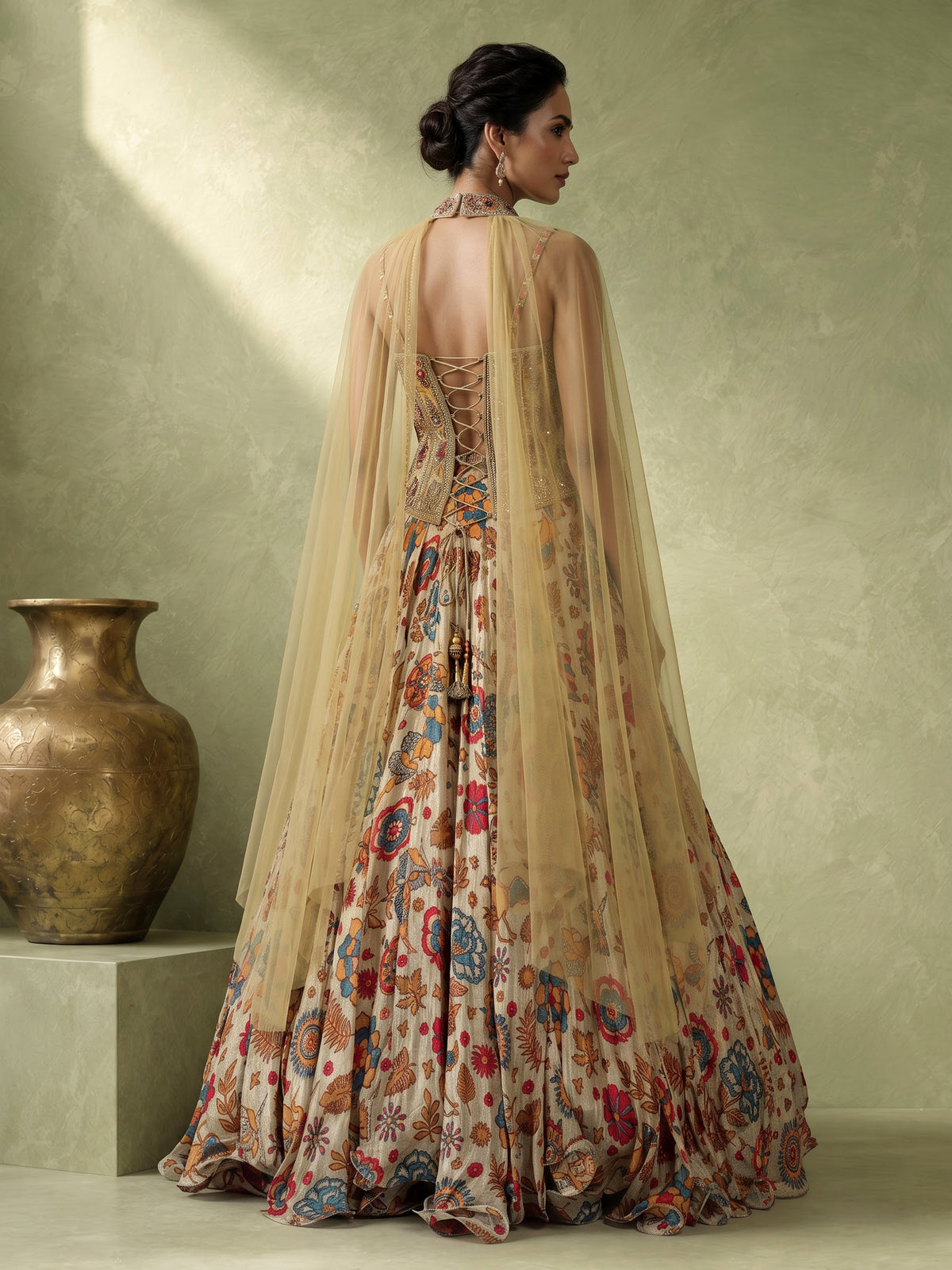 Beige floral silk lehenga choli with sparkling sequin embellishments