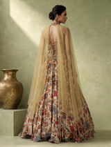 Beige floral silk lehenga choli with sparkling sequin embellishments