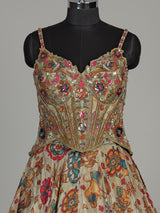 Beige floral silk lehenga choli with sparkling sequin embellishments