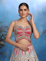 Beige raw silk peacock motif lehenga choli with mirror embellishments