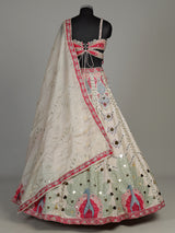 Beige raw silk peacock motif lehenga choli with mirror embellishments