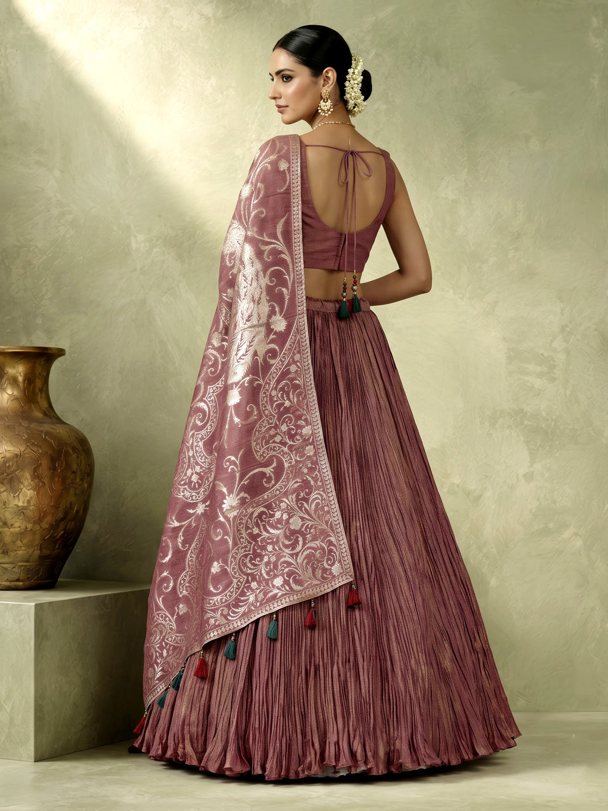Pastel purple silk lehenga choli with zari tassel dupatta