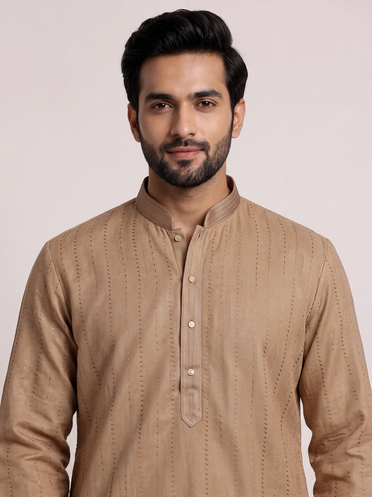 Beige linen kurta suit set with subtle thread detailing
