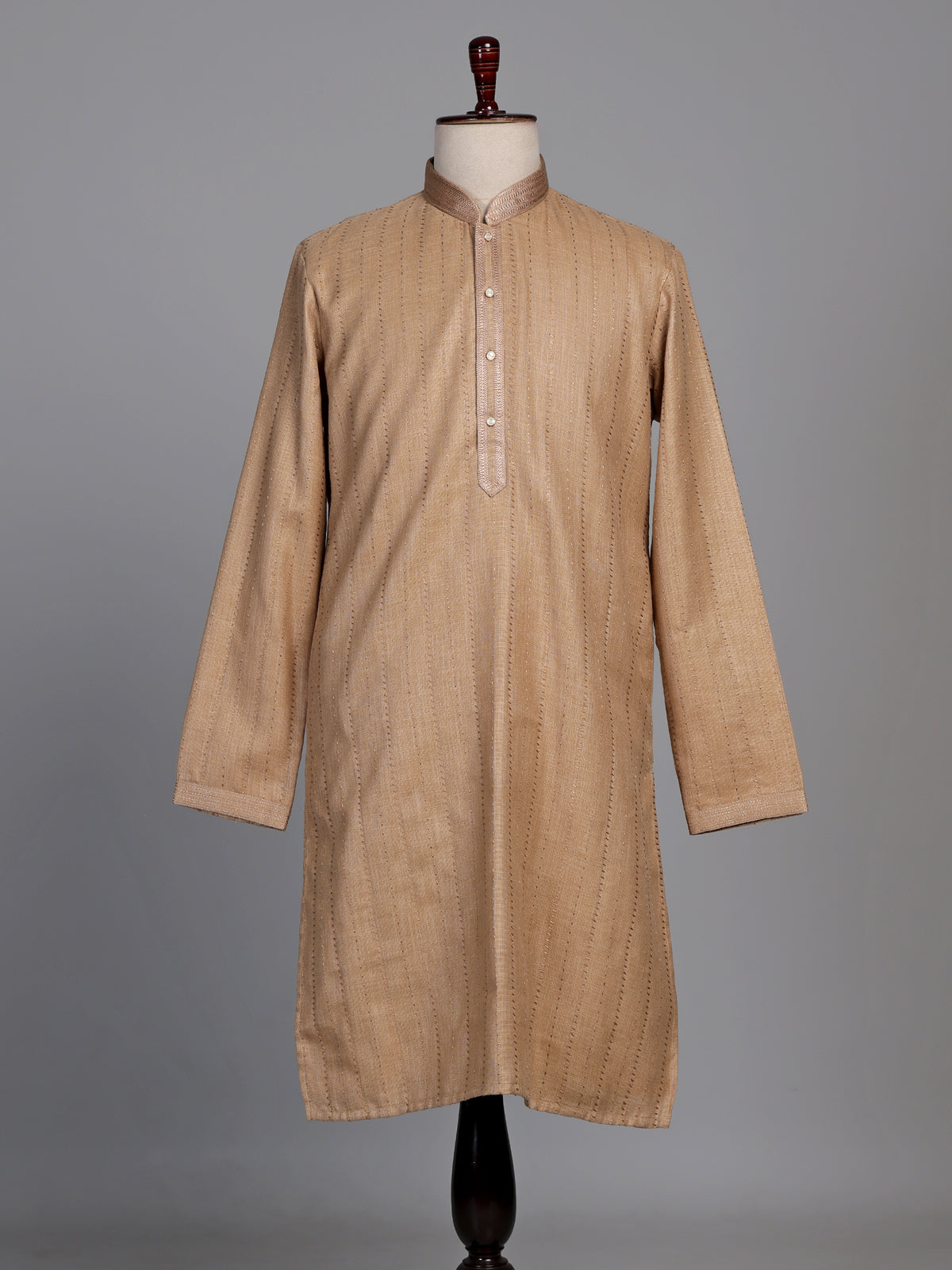 Beige linen kurta suit set with subtle thread detailing