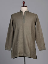 Olive green linen short kurta suit with minimalist styling