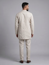 Natural beige linen kurta suit with tonal thread work accents