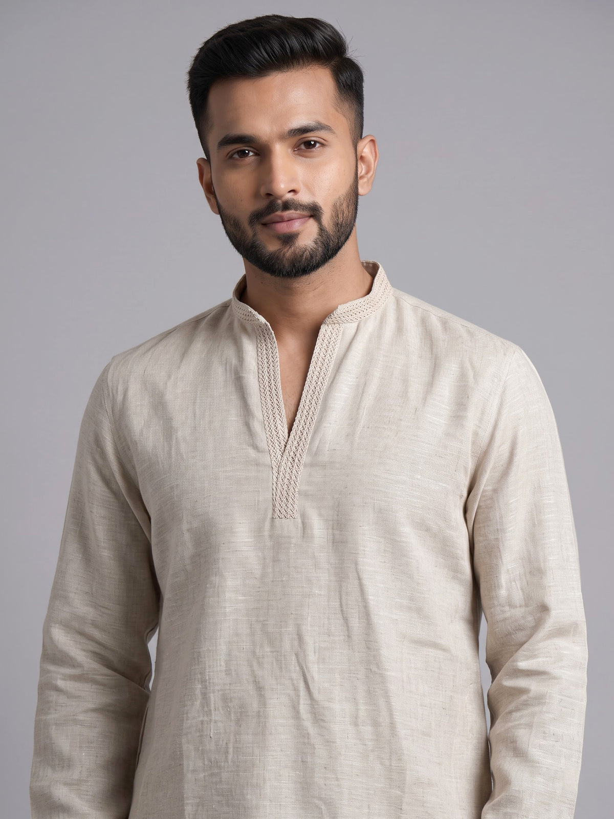 Natural beige linen kurta suit with tonal thread work accents