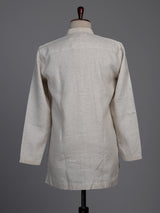 Natural beige linen kurta suit with tonal thread work accents