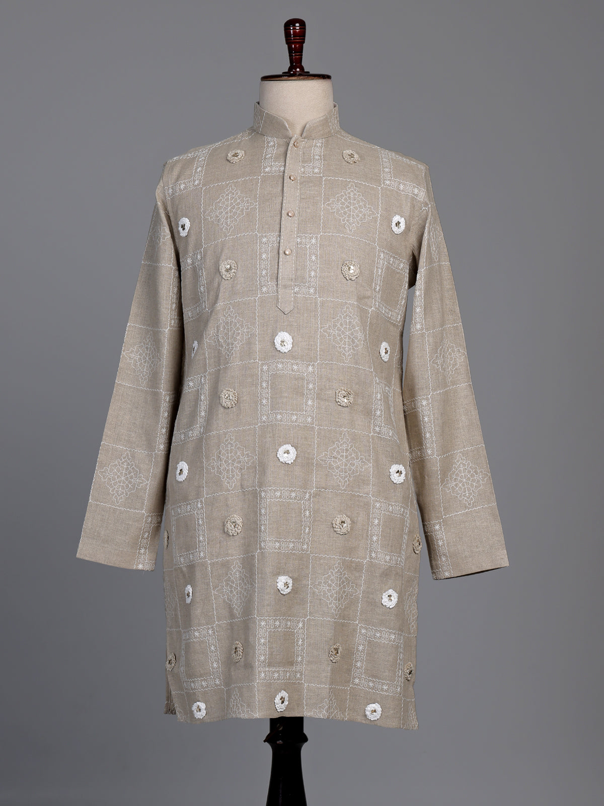 Beige linen kurta suit with floral thread embellishments