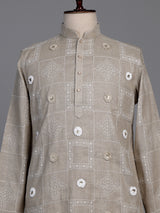 Beige linen kurta suit with floral thread embellishments