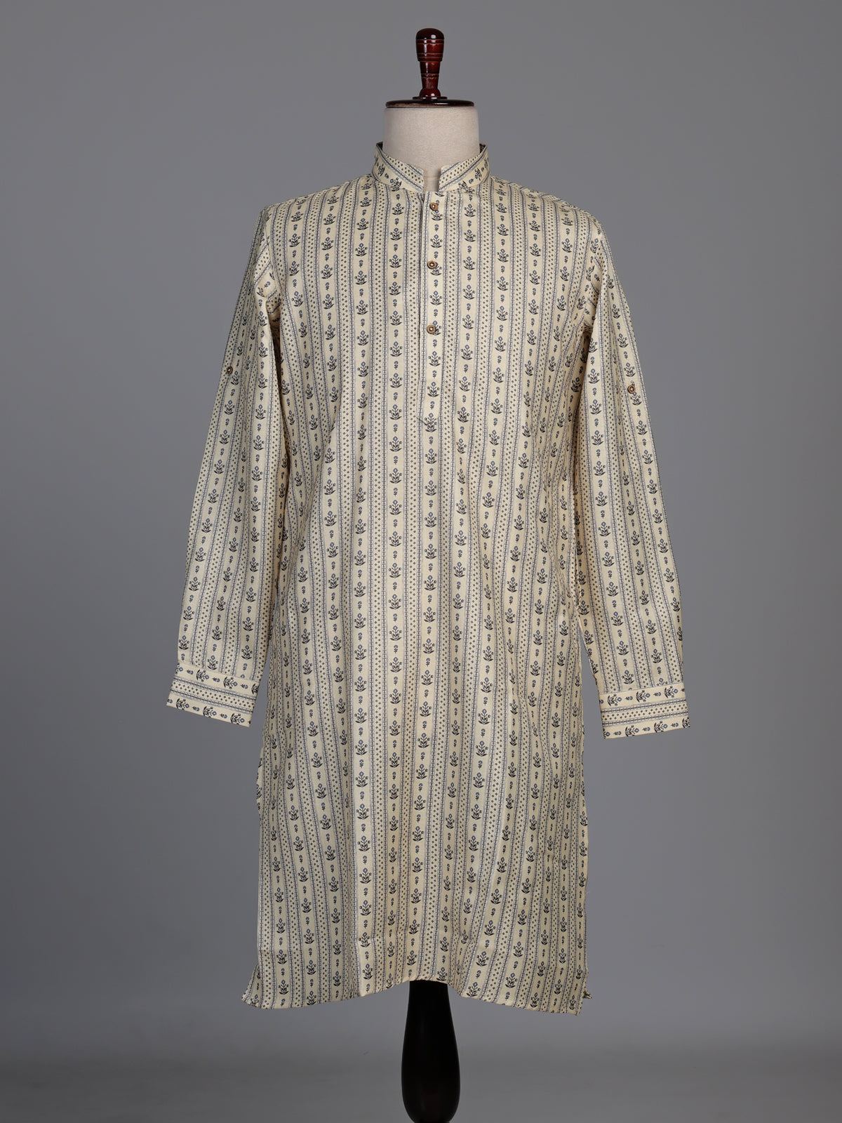 Cream cotton kurta suit with charcoal floral geometric print