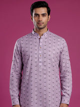 Soft lilac cotton kurta suit with printed vertical stripes