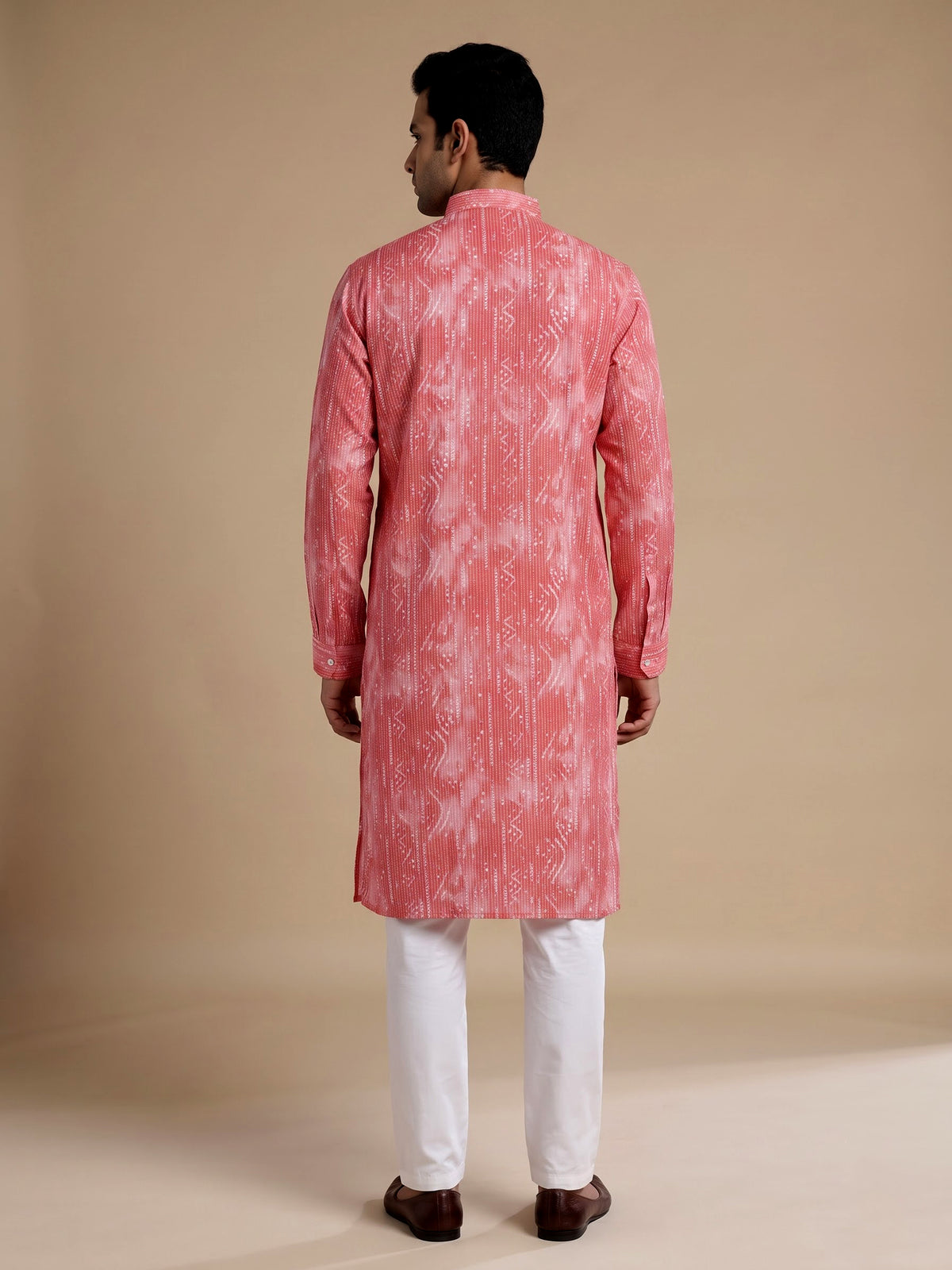 Coral red cotton kurta suit with kantha inspired stitch print