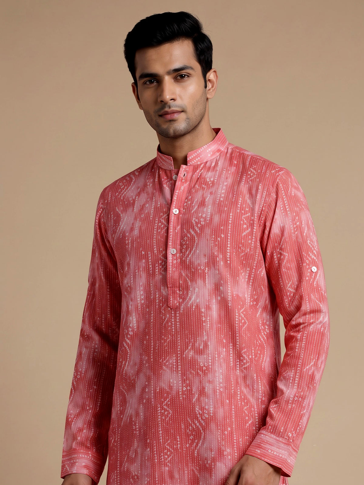 Coral red cotton kurta suit with kantha inspired stitch print