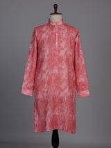 Coral red cotton kurta suit with kantha inspired stitch print