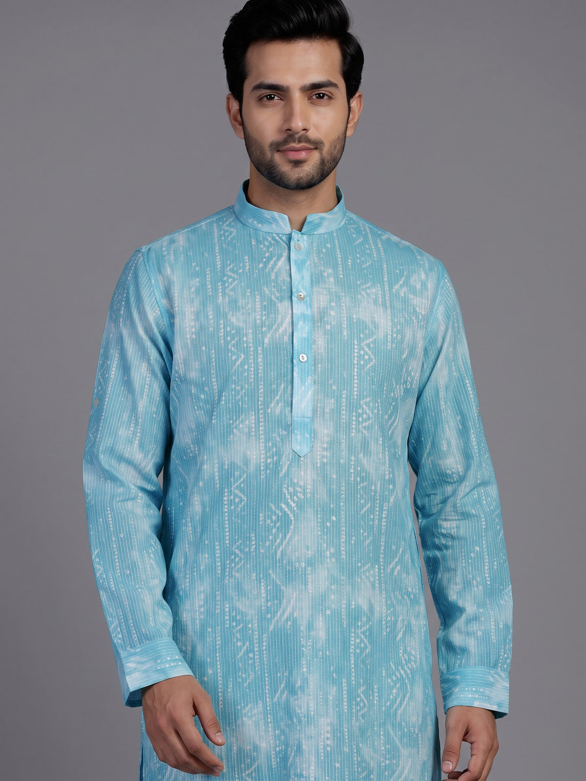 Turquoise blue cotton kurta suit with white kantha effect print
