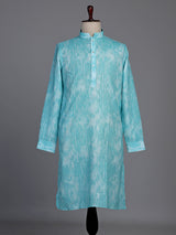 Turquoise blue cotton kurta suit with white kantha effect print