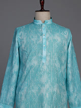 Turquoise blue cotton kurta suit with white kantha effect print