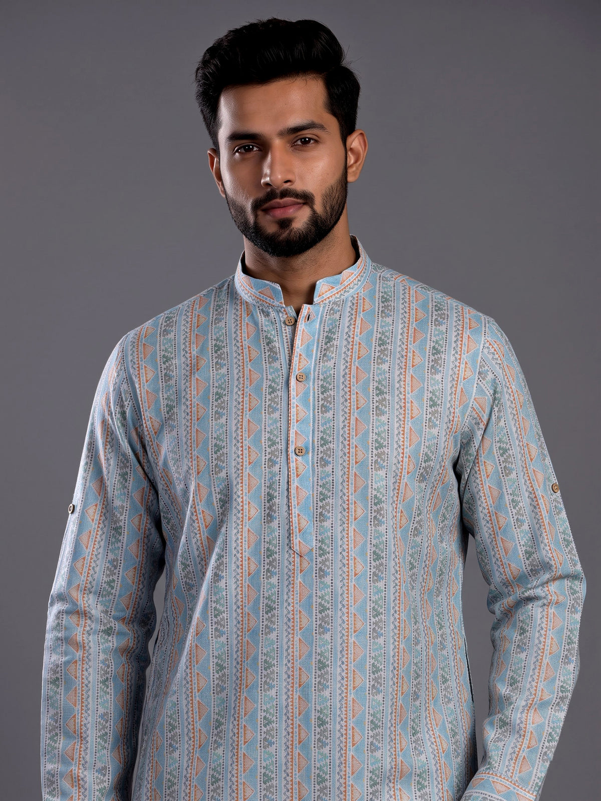 Sky blue cotton kurta suit with geometric floral stripe print
