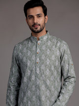 Sage green cotton kurta suit with ethnic print