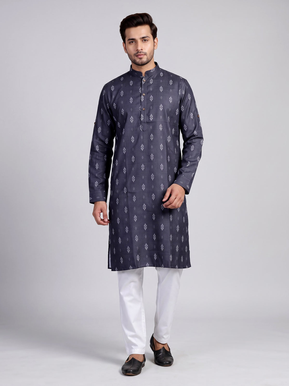 Charcoal grey cotton kurta suit with white ikat print