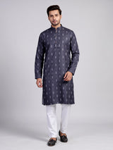 Charcoal grey cotton kurta suit with white ikat print