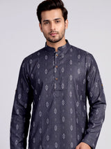 Charcoal grey cotton kurta suit with white ikat print