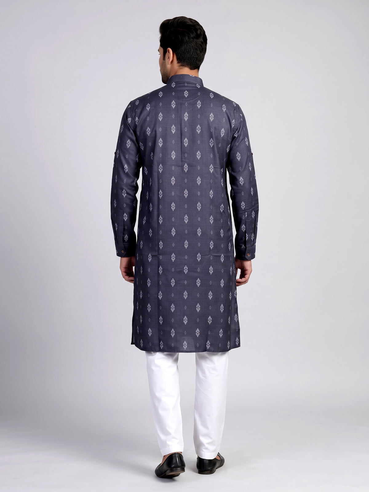 Charcoal grey cotton kurta suit with white ikat print