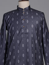 Charcoal grey cotton kurta suit with white ikat print