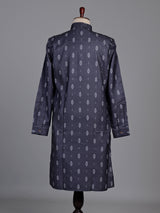 Charcoal grey cotton kurta suit with white ikat print