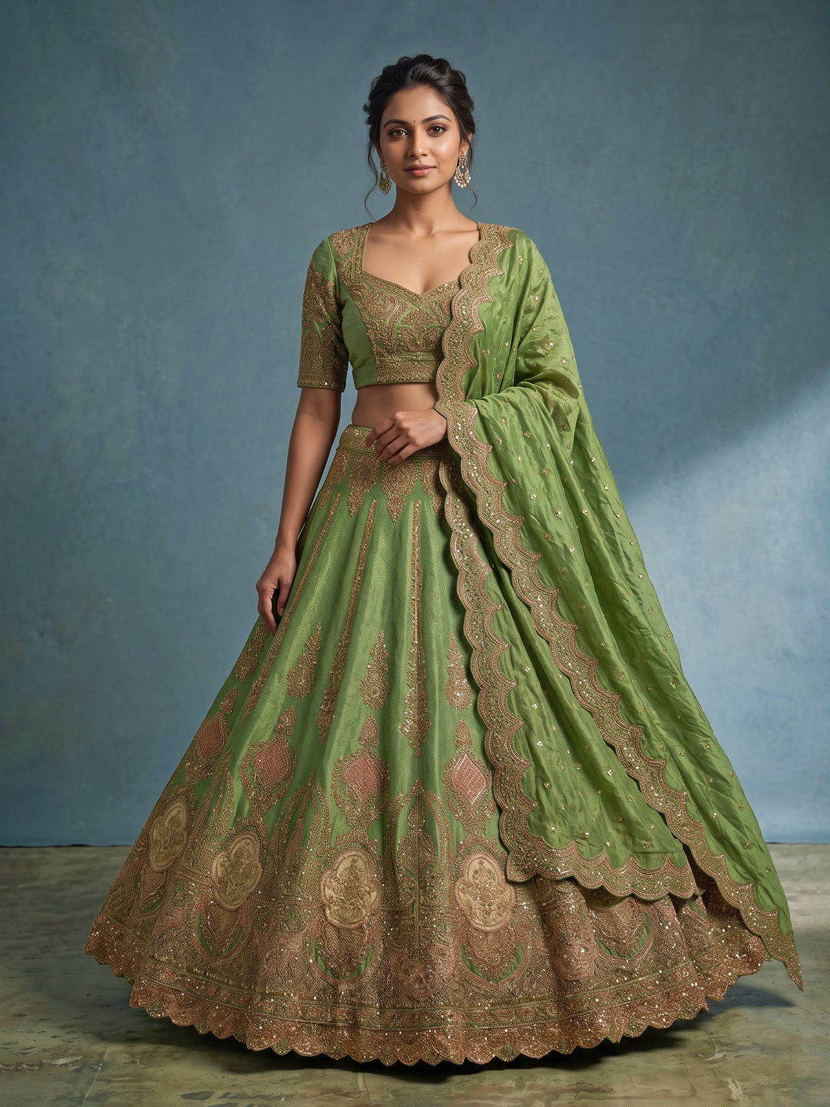 Green crinkled silk unstitched lehenga choli with zardosi work