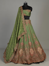 Green crinkled silk unstitched lehenga choli with zardosi work