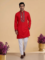Scarlet red crepe silk kurta suit with antique silver embellished bib