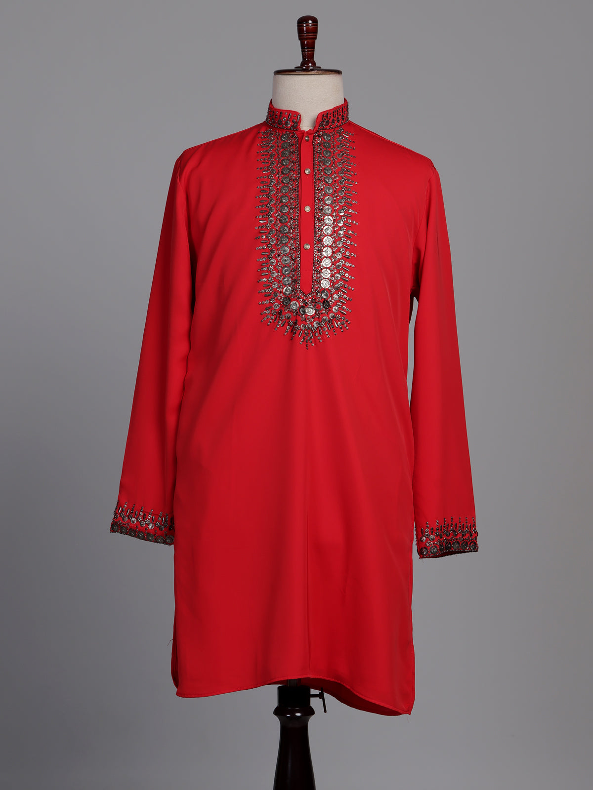 Scarlet red crepe silk kurta suit with antique silver embellished bib