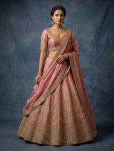 Pastel pink silk unstitched lehenga choli with resham embellishments
