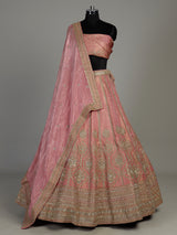 Pastel pink silk unstitched lehenga choli with resham embellishments