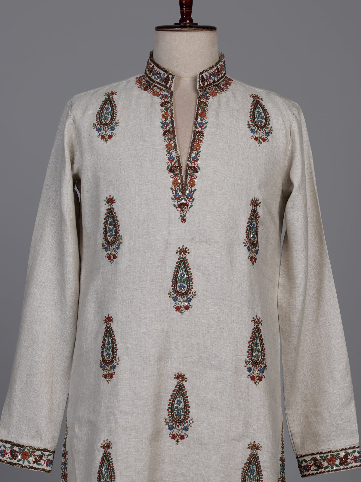 Off white linen kurta suit with multicolour kashmiri paisley embroidery