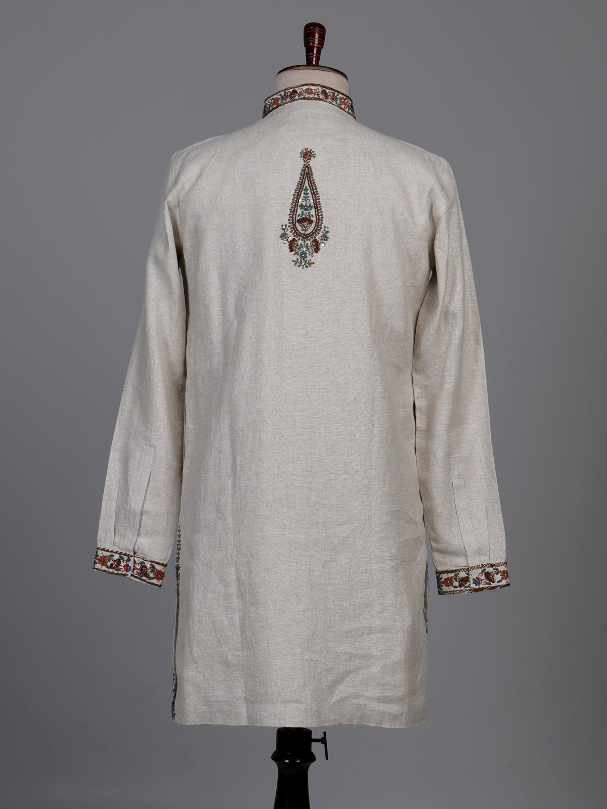 Off white linen kurta suit with multicolour kashmiri paisley embroidery