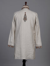 Off white linen kurta suit with multicolour kashmiri paisley embroidery