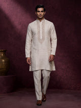 Fawn beige linen kurta suit with geometric chevron embroidered detailing