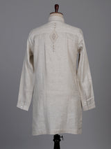 Fawn beige linen kurta suit with geometric chevron embroidered detailing