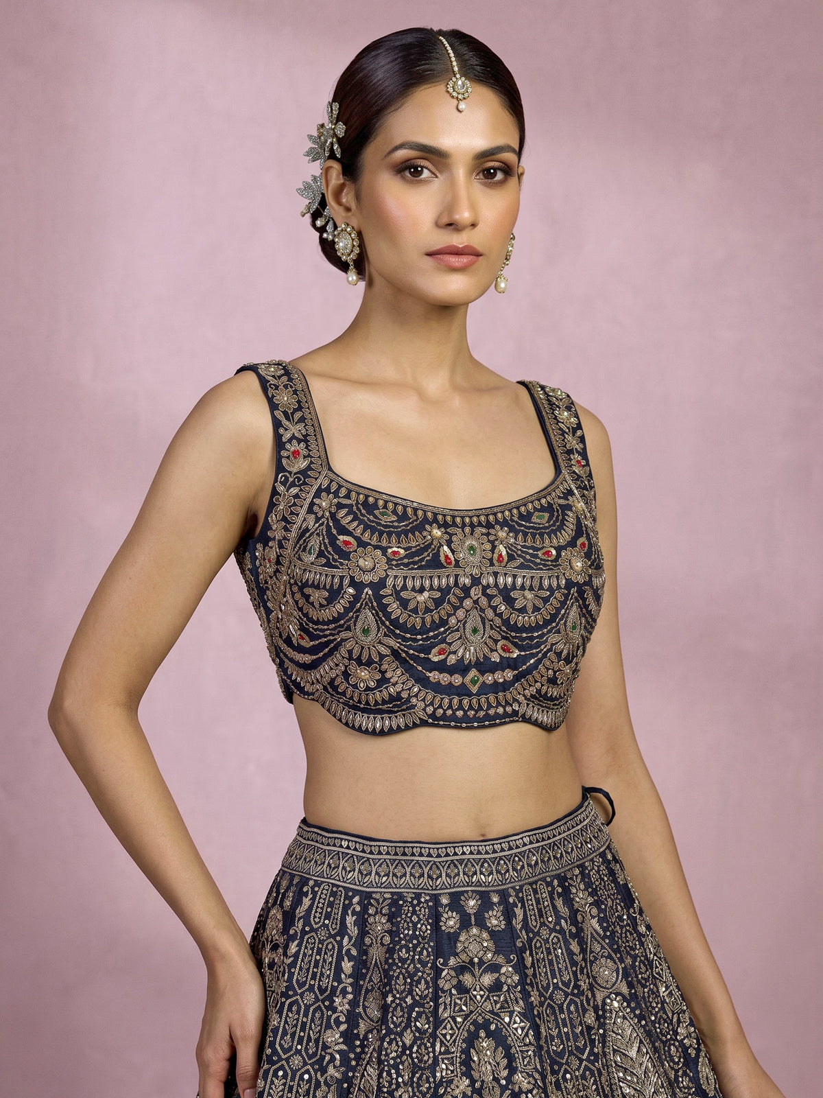Teal blue silk lehenga choli with square neck zari embellishments