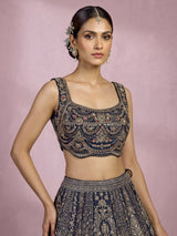 Teal blue silk lehenga choli with square neck zari embellishments