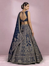 Teal blue silk lehenga choli with square neck zari embellishments
