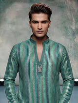 Emerald green kurta suit with shimmering silver gota patti stripes