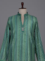 Emerald green kurta suit with shimmering silver gota patti stripes