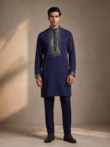 Deep navy crepe silk kurta suit with antique silver embroidered bib